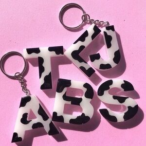 NWT Cow Print Monogram Letter Keychain - Western Animal Print - Black & White